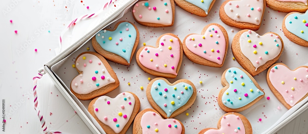 Aufkleber Heart shaped cookies with colorful decorations arranged in a box on a white backdrop providing ample copy space image