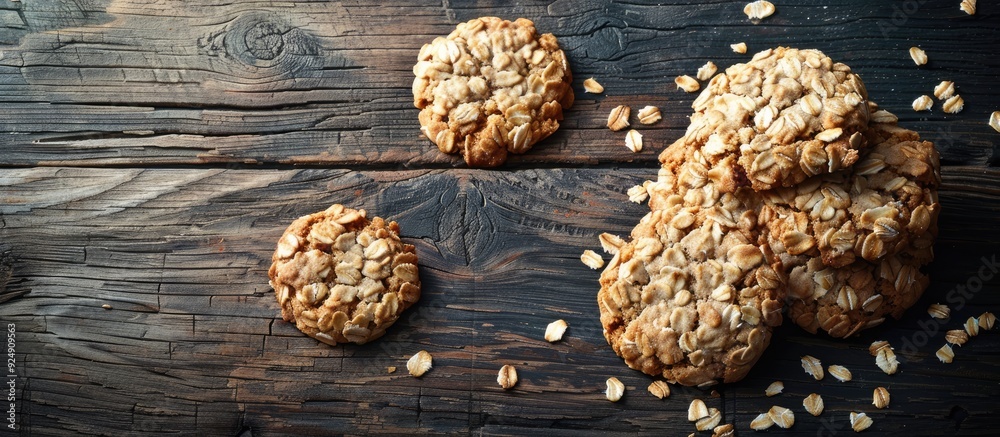 Aufkleber Oat cookies displayed on a rustic wooden table with space for copy in the image