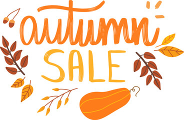 Autumn Sale HandDrawn Lettering with Fall Leaves and Pumpkin