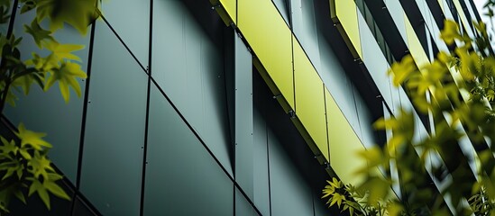 Grey and olive green cladding panels close up for facade and exterior with a focus on an abstract architectural detail showcasing minimal aesthetics in a copy space image