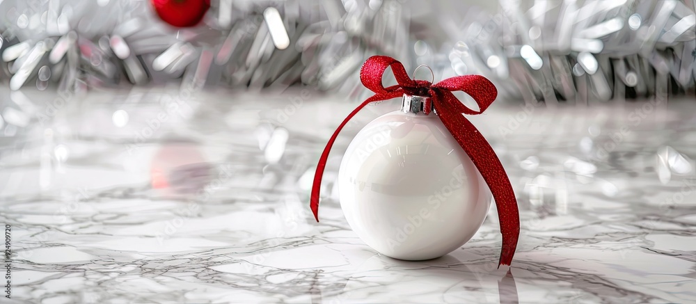 Poster a modern christmas concept featuring a white porcelain christmas ball with a red ribbon on a white m