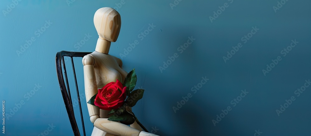 Aufkleber Wooden mannequin seated on an iron chair gripping a red rose set against a blue backdrop ideal for adding text representing a Valentine s Day theme in an open copy space image