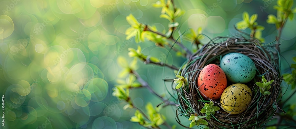 Leinwandbilder easter themed setting depicting colorful eggs nestled in a nest on a lush green background suitable 