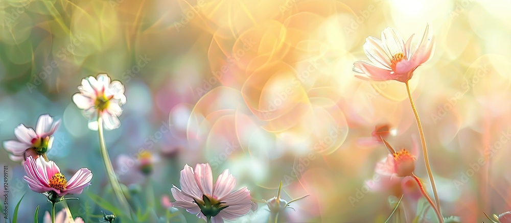 Poster Meadow wild flower in bloom with selective soft focus for a copy space image