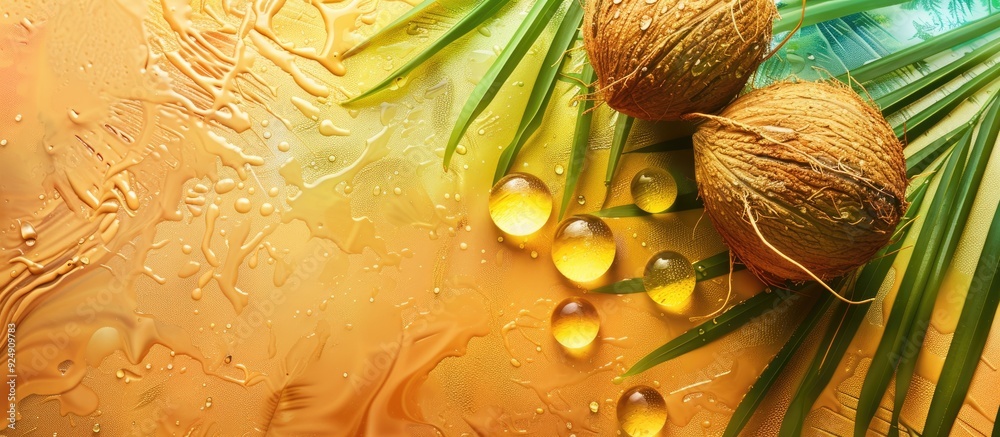 Poster water droplets enhance the visual appeal of coconut and palm leaves against a colorful backdrop crea