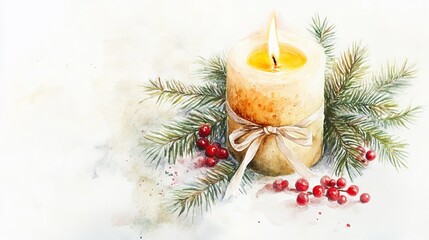 Burning candle with ribbon decorated with pine branches and red berries for christmas holidays watercolor painting