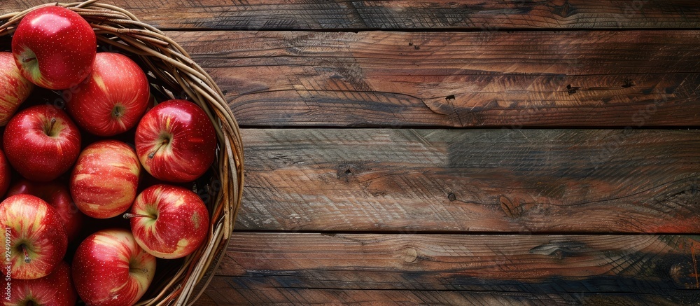 Poster wooden background with a basket of apples illustrating a healthy eating idea with seasonal winter fr