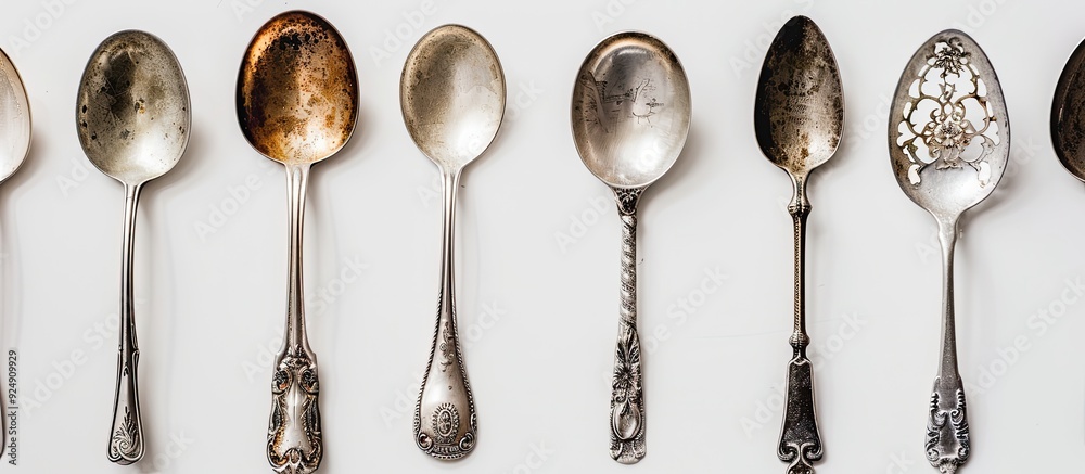Poster Vintage spoons displayed in a silverware pattern against a white background in a kitchen themed copy space image captured from a top down perspective