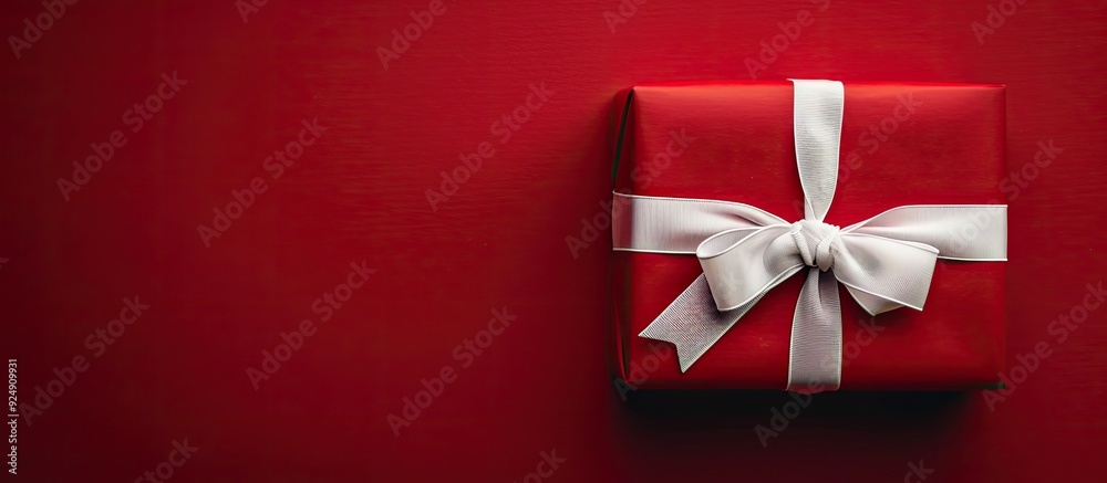 Poster a festive christmas gift box with a white bow on a red backdrop creating a seasonal ambiance in the 