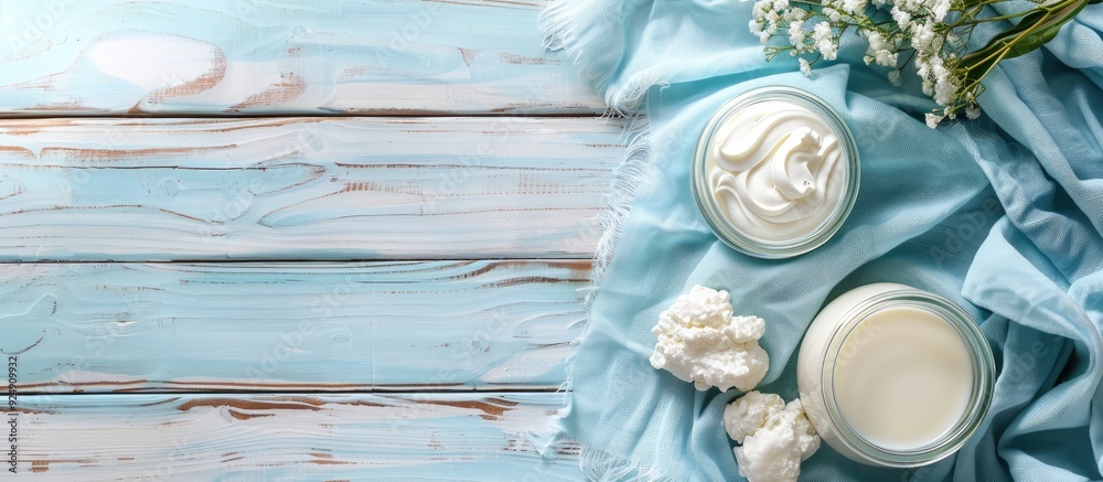 Poster white wooden table background with a blue canvas cloth featuring dairy products providing a scenic c