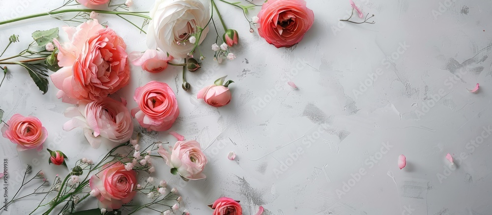Poster Floral arrangement on a white surface for adding text with a copy space image