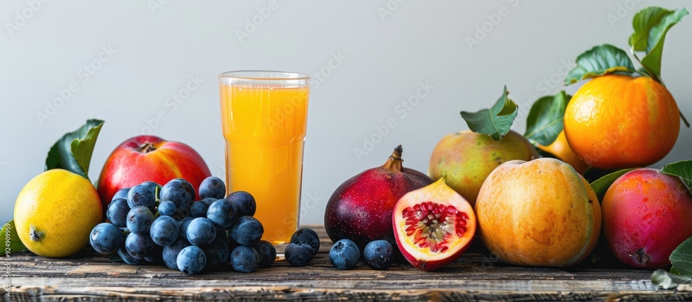 Poster a tasty quince beverage and fresh fruits displayed on a wooden surface with a white backdrop perfect