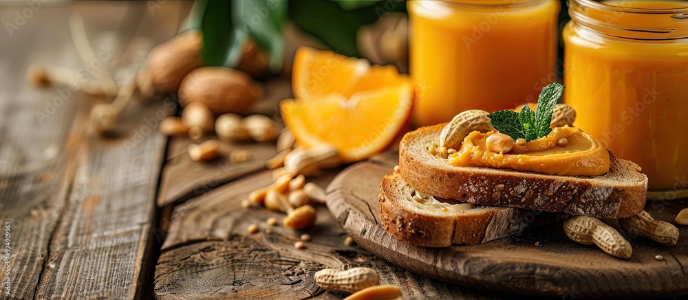 Poster Homemade peanut butter on toast fresh orange juice on a wooden table in side view with copy space image for breakfast or brunch