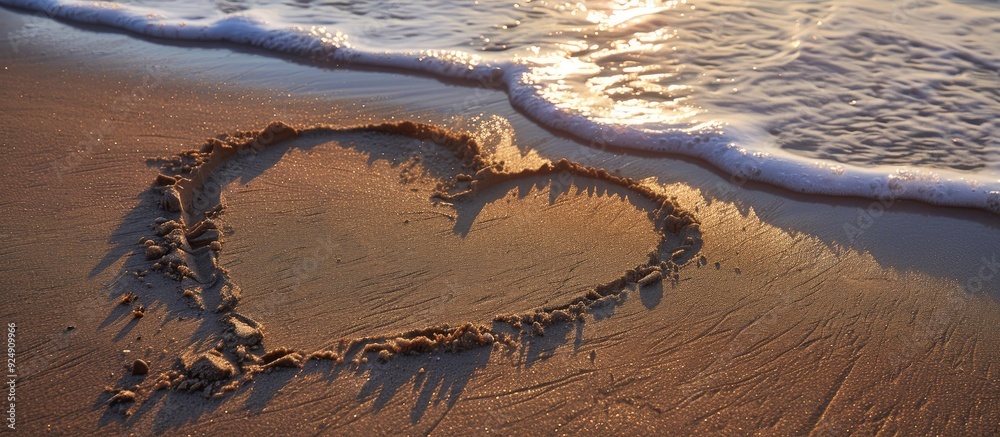 Poster Heart symbol drawn in the sand on a beach with copy space image