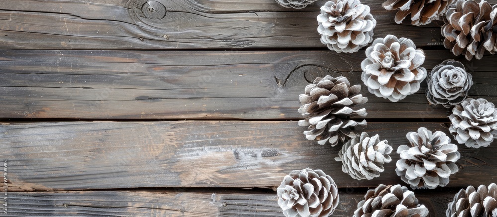 Poster pine cones painted white for christmas decor on rustic wooden table backdrop with copy space image
