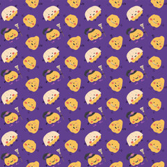 Childrens halloween pattern with cute characters. Pumkins in halloween costumes. Cute childish seamless pattern.