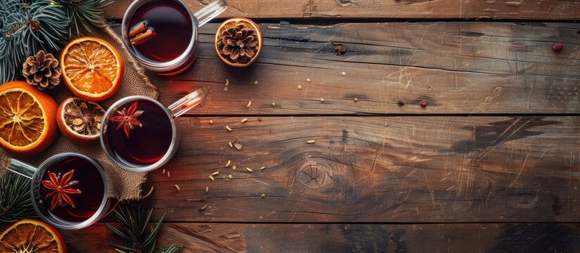 Wooden table hosting delightful mulled wine with ample copy space image