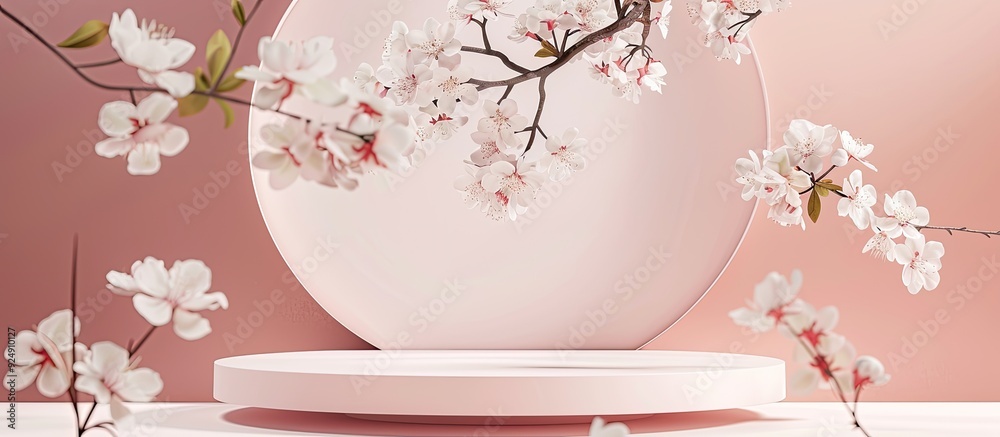 Fototapete front view of geometric podium for product presentation with a spring tree branch featuring white fl