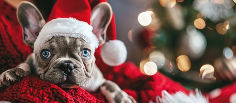 A stylish pet French bulldog puppy with blue eyes is happily celebrating the winter holidays at home with its owner dressed in Christmas attire and posing for a festive copy space image