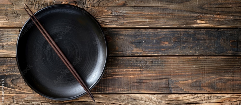 Poster japanese black plate and chopsticks resting on a wooden surface with a blank area ideal for display 