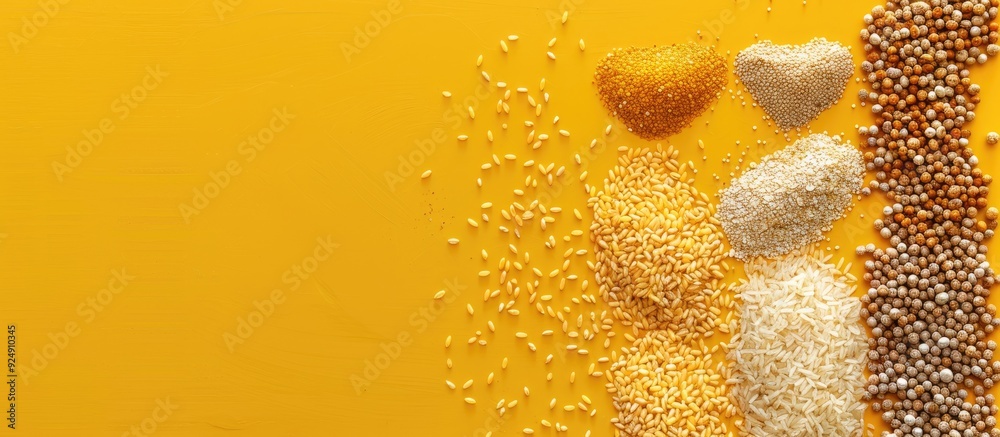 Poster an overhead view of assorted grains and cereals like bulgur rice oatmeal buckwheat and couscous arra