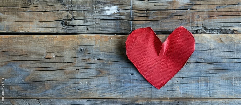 Poster Paper heart in red color on a rustic wooden backdrop ideal for adding text or graphics with space for copy in the image