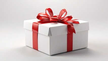 Obraz premium Isolated on a white background with shadow 3D rendering, a white present box or blank gift box with a red ribbon bow and an open blank tag