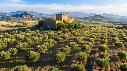 Naklejka premium Spanish Hilltop Castle, Olive Groves, Serene Scenery Panorama