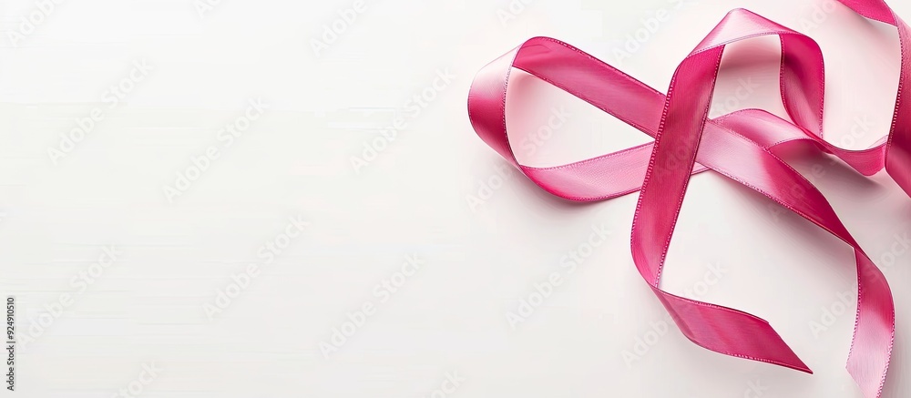 Poster Top view of a pink ribbon symbolizing breast cancer awareness on a white background with empty space for text and other elements in the image. Creative banner. Copyspace image