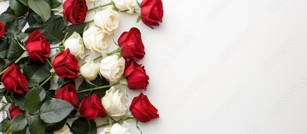 Poster Isolated red and white roses on a white backdrop with copy space image