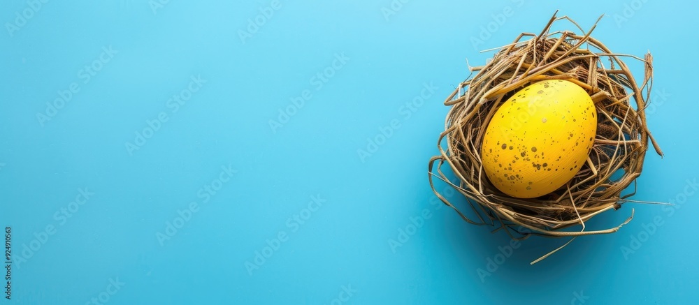 Aufkleber a wooden egg decoration in yellow for easter against a blue background with a top view suitable for 