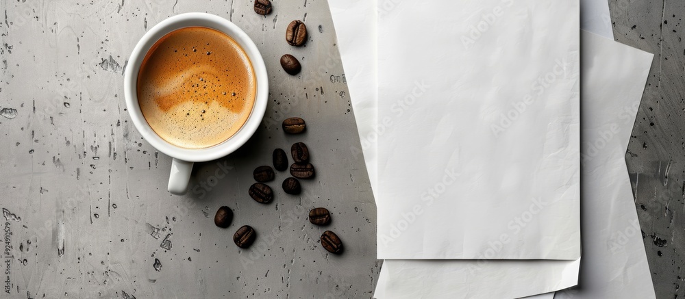 Poster Top view of a mockup featuring blank paper and a cup of coffee on a gray concrete background perfect for adding your own content in the copy space image