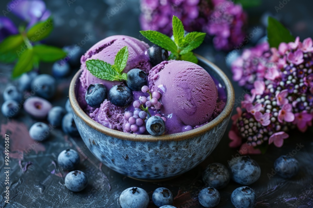 Poster blueberry ice cream decorated with fresh blueberries, purple fruits and mint leaves being served in 