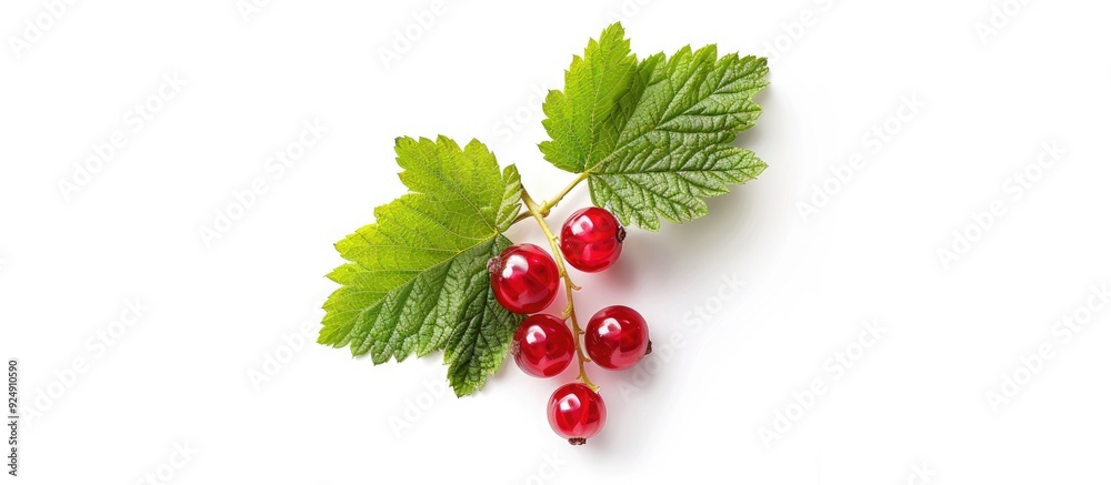 Fototapete Red currant berry with leaf isolated on a white background offering a suitable copy space image Presented from a top view creating a flat lay pattern