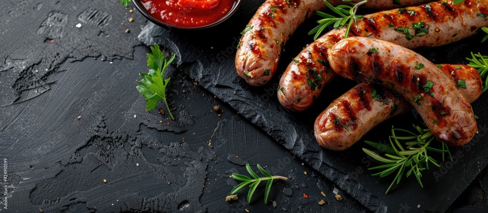 Poster top view of homemade grilled sausages on a black background with tomato sauce and herbs allowing for