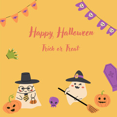 Naklejka premium Cute Halloween ghosts party invitation card design. Funny spooky characters in costumes. Childish greeting card for Halloween Day holiday with candy and autumn fall leaves.