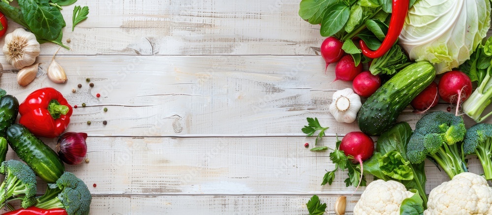 Poster vegetables like pepper cabbage broccoli radish and garlic arranged on a light wood background for a 