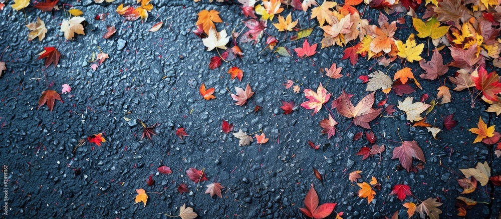 Poster fall foliage scattered on the road with a copy space image