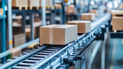Automated conveyor system transporting cardboard boxes in a modern distribution warehouse. Efficient logistics and packaging process.