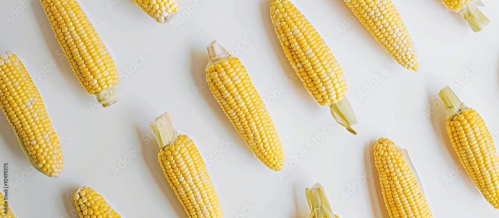 Poster fresh uncooked corncob arranged on a white background a healthy summer food concept the image showca