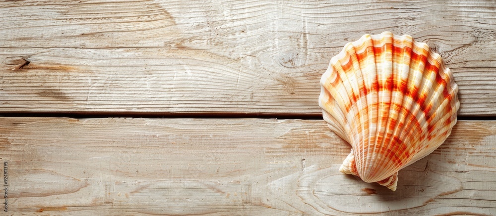 Aufkleber light wooden background with a sea shell providing copy space image