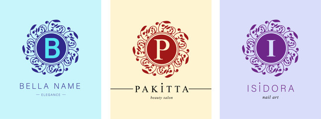 Bundle of Botanical Logos. Monogram of letters B, P , I. with Organic Plant Elements. Vector design. for beauty salon or art studio.