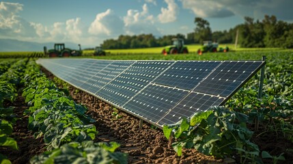 Solar Cells in an Agricultural Setting: Solar cells providing energy to an agricultural farm, with crops and machinery in the background.