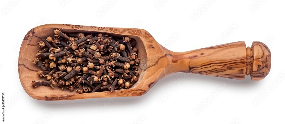Poster Top view of a wooden scoop filled with dried cloves isolated on a white background with clipping path for a copy space image