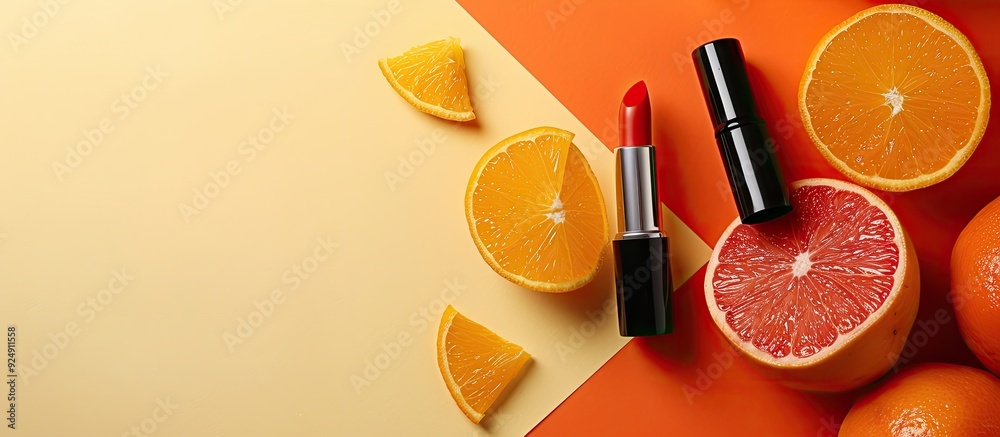 Poster a minimalist flat lay featuring stylish cosmetics like an orange and a lipstick against a vibrant ba