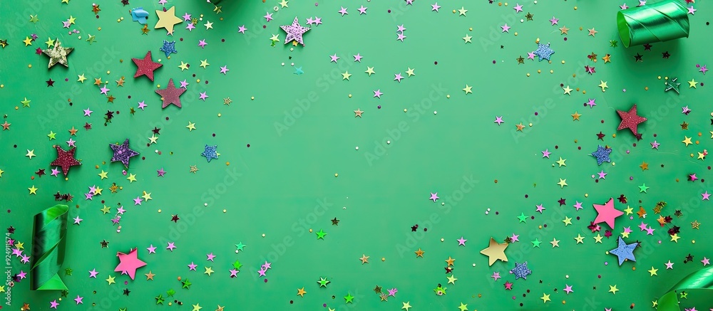 Poster vibrant serpentine and stars on a green background create a festive vibe in this top view flat lay p