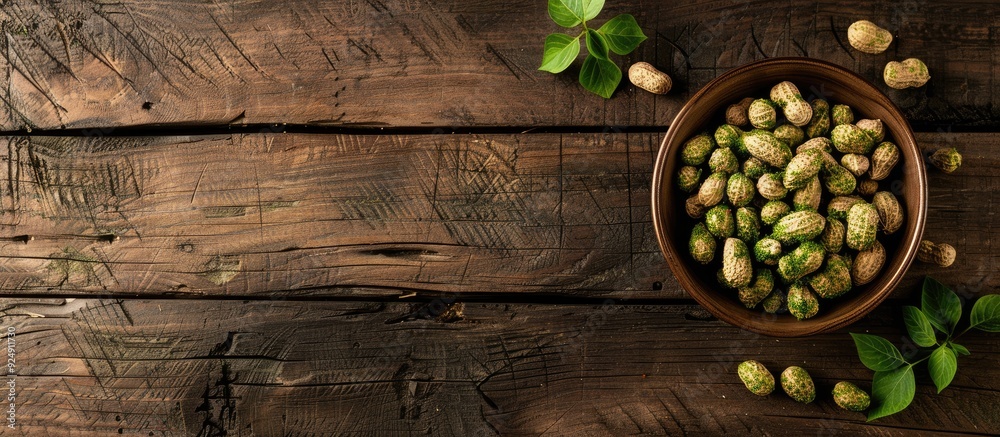 Leinwandbilder peanuts with a wasabi coating displayed on a wooden surface providing an enticing copy space image