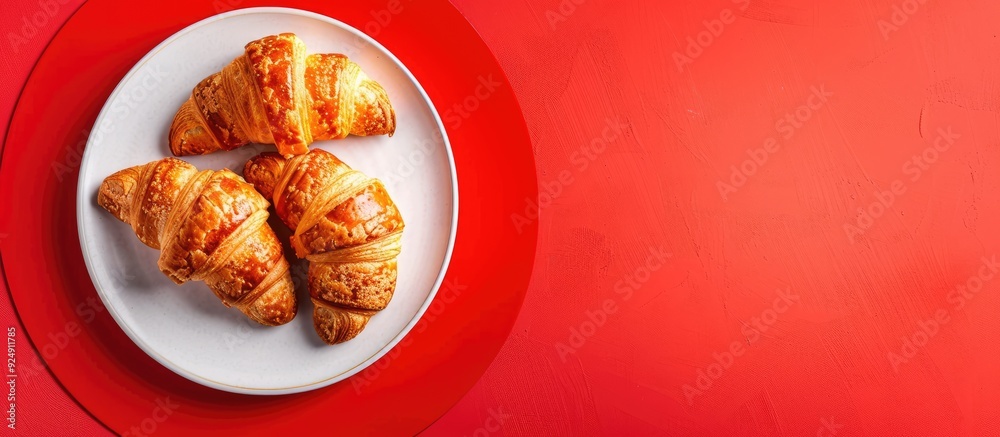 Poster Plate with croissants and a red circle in the background for copy space image