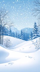 Snowy winter landscape with hills, trees, and footprints.
