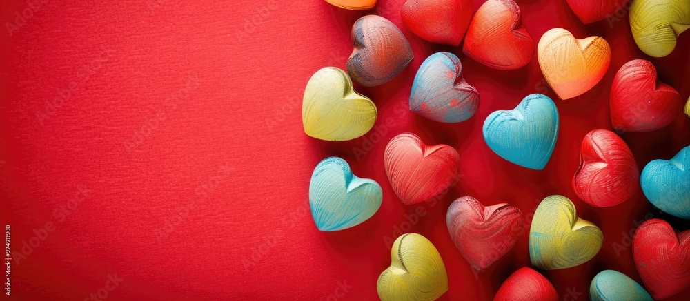 Aufkleber Valentine s Day or wedding themed greeting card featuring colorful hearts on a red backdrop with copy space image for personalization